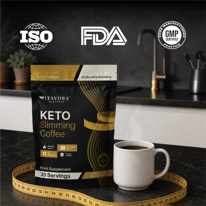 Vitavora Wellness™ Keto Slimming & Metabolic Coffee on display with official FDA-compliant and Non-GMO quality stamps for elite safety and purity.