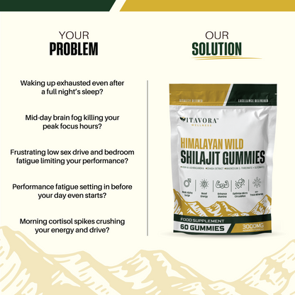 A comparison product listing infographic titled Your Problem vs Our Solution for Vitavora Wellness Himalayan Wild Shilajit Gummies, listing five common energy and focus frustrations on the left next to a high-performance food supplement 60-gummies pouch on the right.